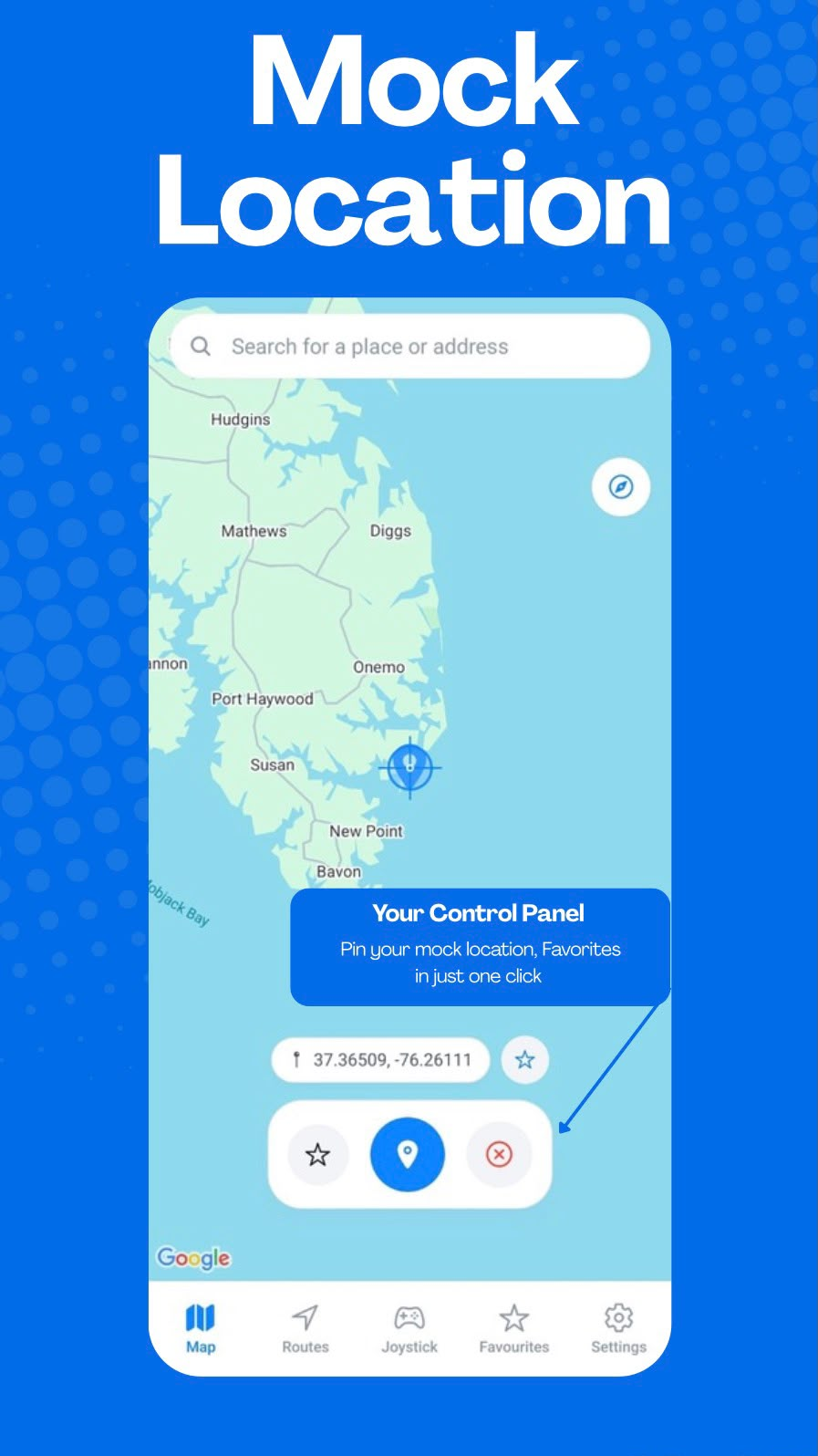 GPS Emulator - Routes & Joystick Android map and location selection screen